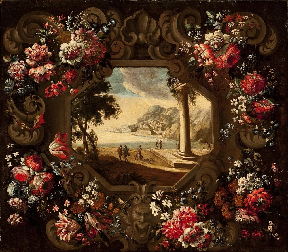 Paesaggio con ghirlanda di fiori, con Gennaro Greco